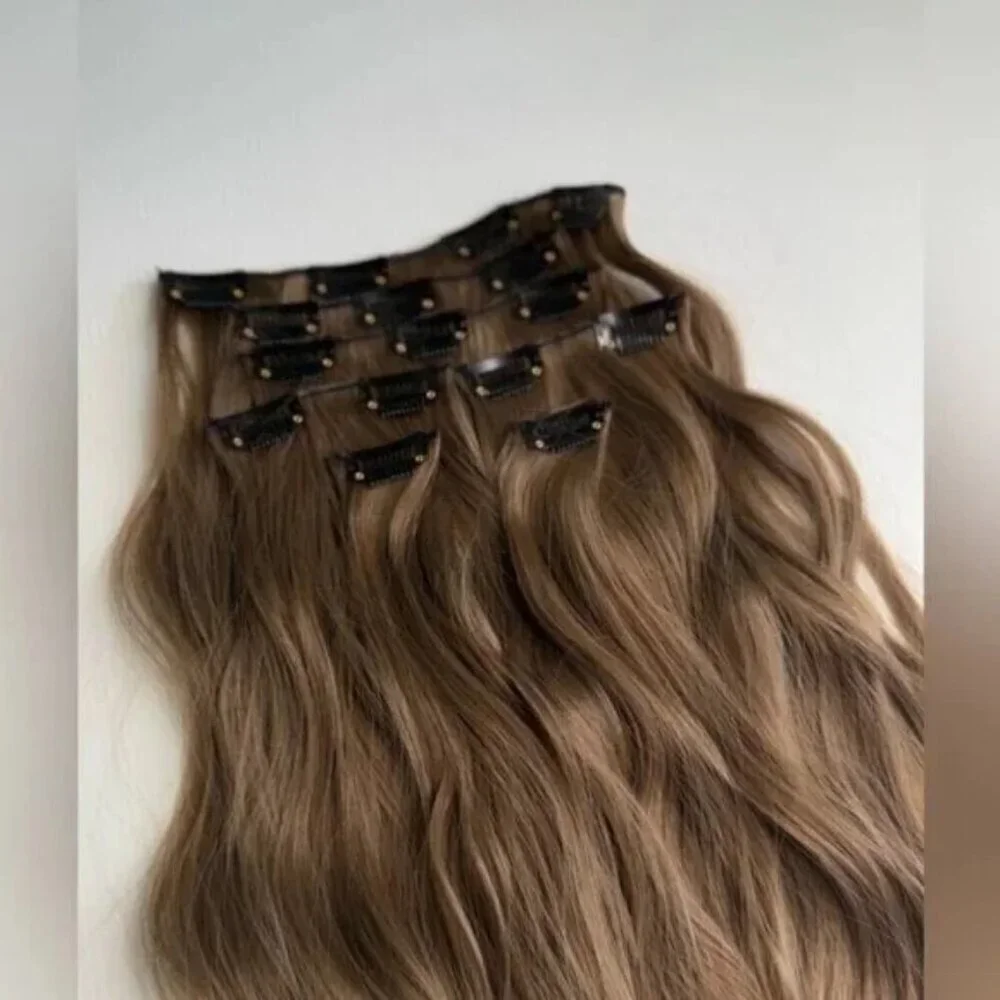 Ash light Brown Clip in 22 in Hair Extensions in Water Wave Human hair blend